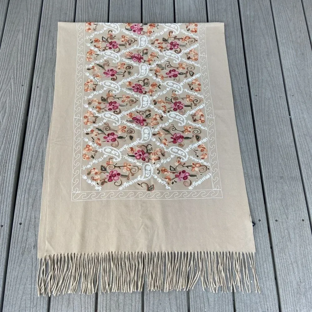 La Seine Embroidered Beige Floral Fringed Oversized Wrap Scarf Soft Luxurious